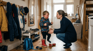 Mamma försöker klä på sitt arga barn.