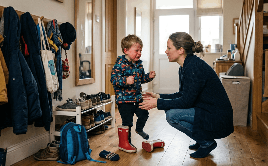 Mamma försöker klä på sitt arga barn.